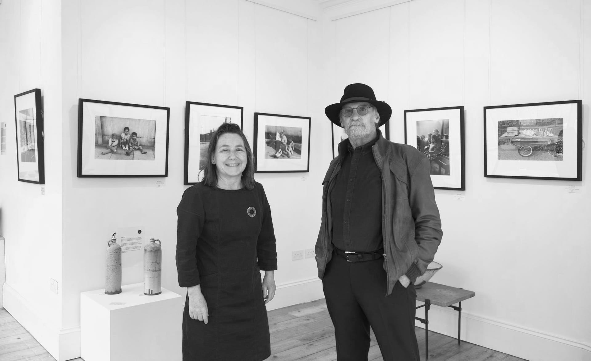 Gallery owner Punch Maughan with photographer Pete Davis on the opening day of his CITY STORIES exhibition in Found Gallery in Brecon